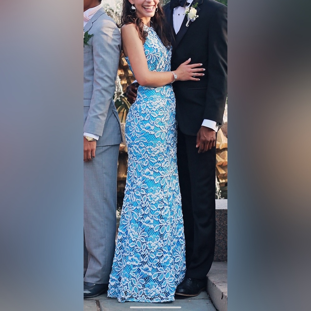 Elegant Blue and White Lace Dress